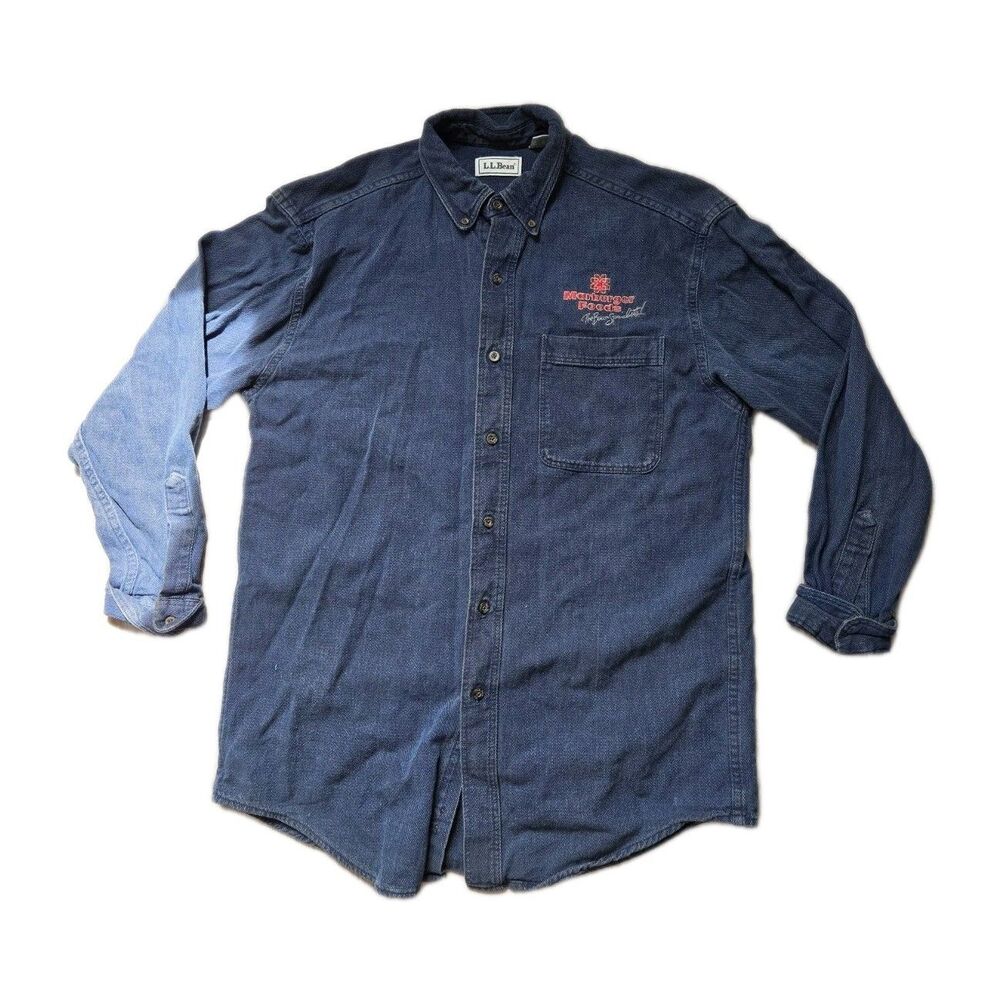 VTG LL Bean Textured Marburger Foods Button Down Shirt Blue Cotton Mens M GUC